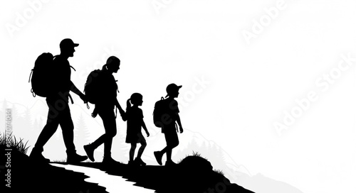 Family hiking adventure silhouette on a bright sunny day.
