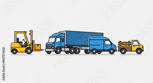 Forklift truck loading a large blue delivery truck with a smaller truck nearby.