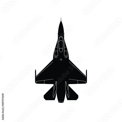 A silhouette of a modern fighter jet is viewed from directly above on a white background.