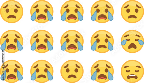 Crying and Sad Emoji Faces Flat Vector Set Emotional Expressions
