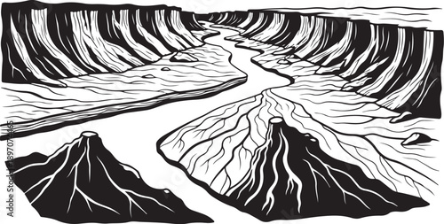 Black and white illustration of mountains and winding river landscape
