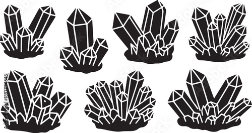 Black and white crystal cluster illustrations on plain background