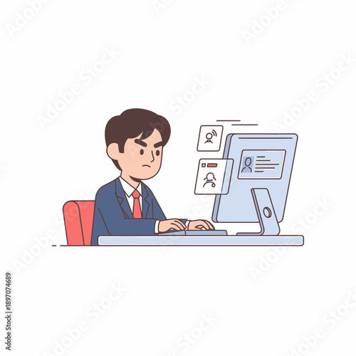 A focused businessman in a suit meticulously reviews resumes on his computer screen