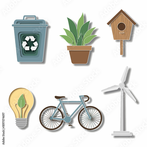 Illustration of Environmental Conservation Icons Recycle Bin, Plant, Birdhouse, Lightbulb, Bicycle, Wind Turbine