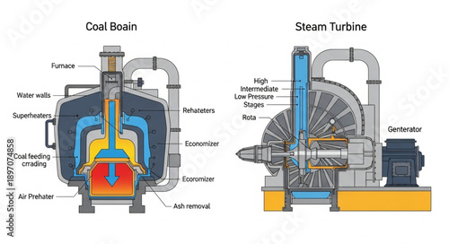 Diagram of a coal-fired power plant boiler and steam turbine system.