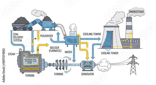Diagram of a coal-fired power plant energy generation process.