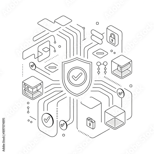 Isometric Line Art Cybersecurity Network with Central Shield and Checkmark