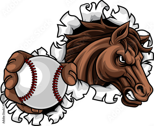 Horse mustang bronco stallion baseball softball angry sports team mascot holding a ball.