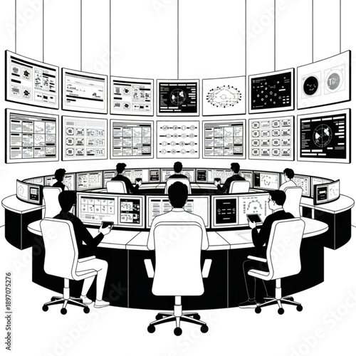 Monochromatic control room with operators monitoring data on numerous screens, illustrating complex system management.