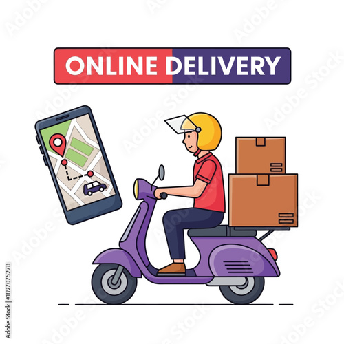 Delivery driver on a scooter with boxes, guided by a map on a smartphone, signifying fast online order fulfillment and logistics.
