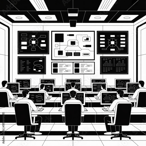Monochromatic control room illustration with multiple operators at computers, monitoring complex data on large screens.