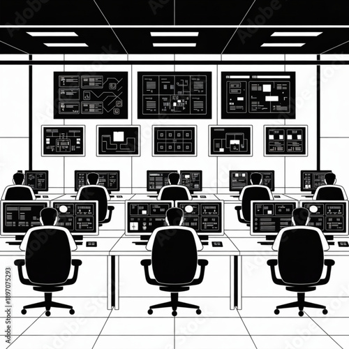 Monochromatic line art illustration of a busy control room with multiple operators and data screens.
