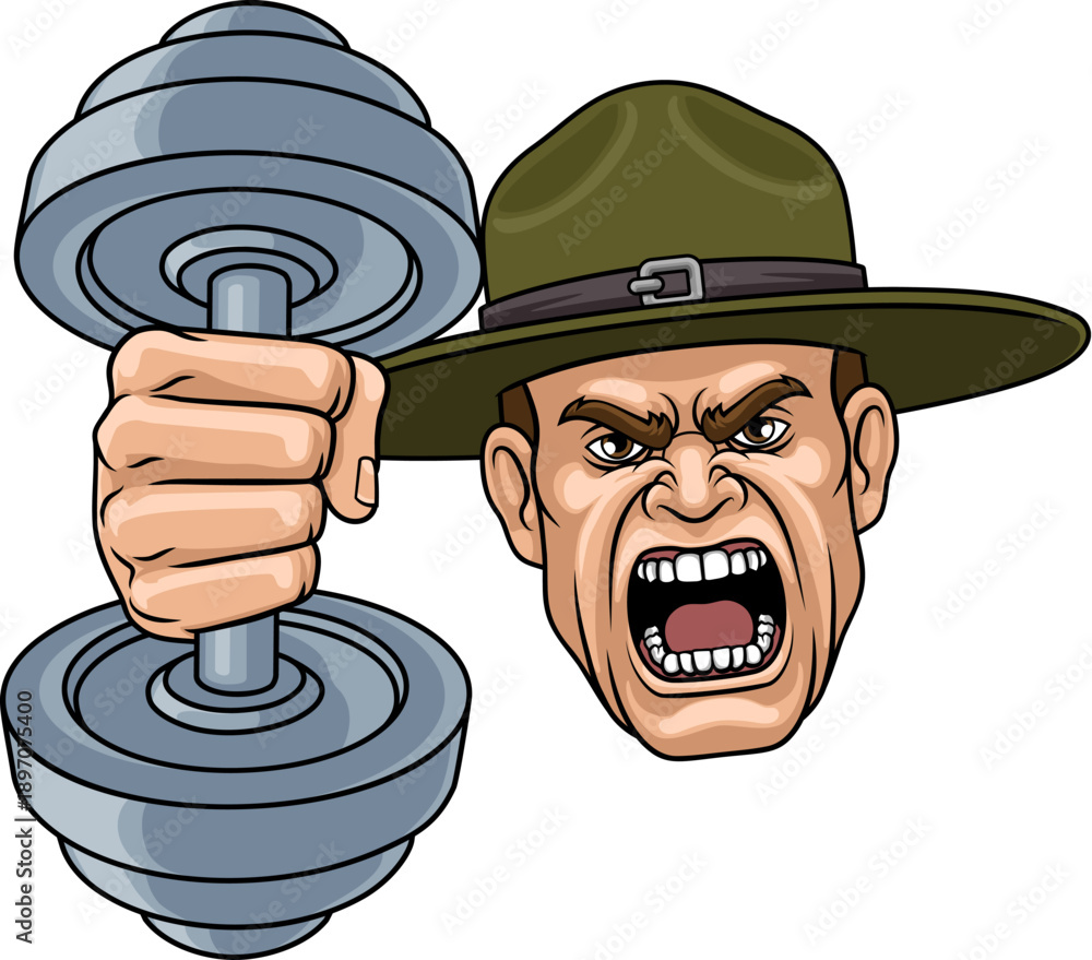 Obraz premium An angry drill instructor or sergeant bootcamp army soldier personal trainer cartoon character holding weight lifting dumbbell sports team gym mascot illustration.