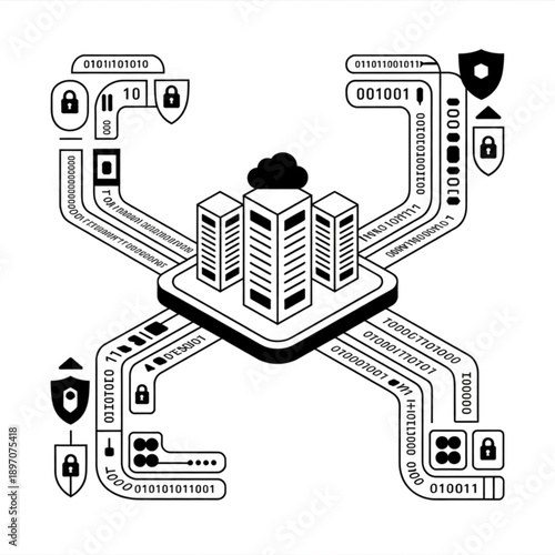 Isometric data center with cloud, secure network connections, binary data streams, and cybersecurity icons.
