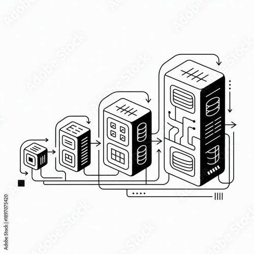 Isometric black and white illustration depicting data processing units in a growth sequence with interconnected flow.