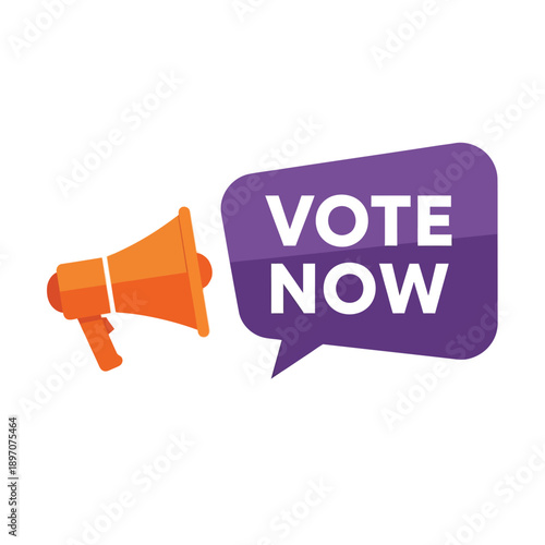 Megaphone and speech bubble saying 'Vote Now', encouraging civic participation and election engagement through a vibrant design.