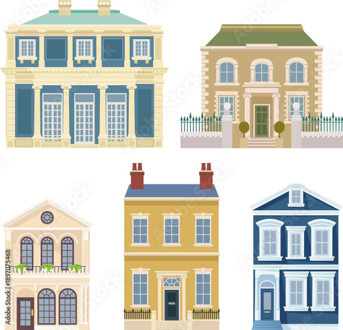 Victorian house building set with old English houses and buildings. Georgian mansion and manor style homes set. Vintage British architecture facade illustrations for backgrounds set.