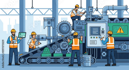 Factory workers assembling complex industrial machinery with digital tablet.