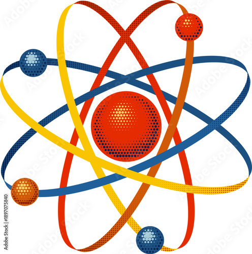 Retro vintage halftone science illustration of an atomic model of atom with orbiting electrons. Nuclear physics education or research energy concept.