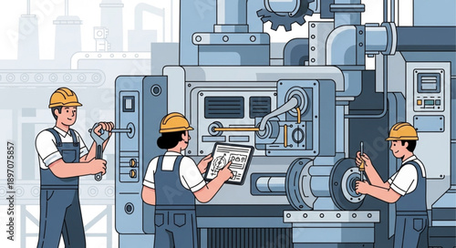 Factory workers operating complex machinery in a manufacturing plant.