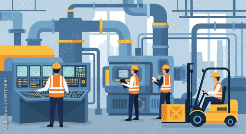 Factory workers operating machinery and forklift in industrial setting.