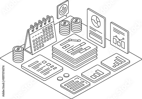 Isometric finance and business analytics illustration featuring accounting reports, charts, dashboards, budgeting data, financial planning tools, and corporate performance analysis concepts