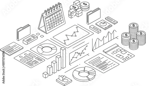 Isometric financial analytics and business reporting illustration featuring charts, graphs, dashboards, accounting data, investment metrics, and corporate performance visualization concepts