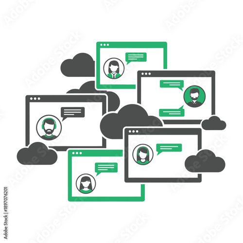 Digital communication concept with multiple chat windows and clouds, representing online conversations, messaging, and teamwork.