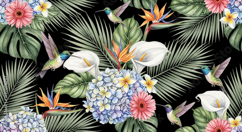 Vibrant floral and hummingbird pattern with tropical leaves on black background