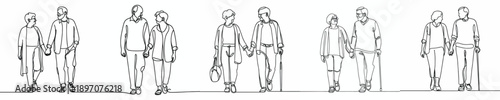line art of old couple walking with holding hands affectionately on valentine's day