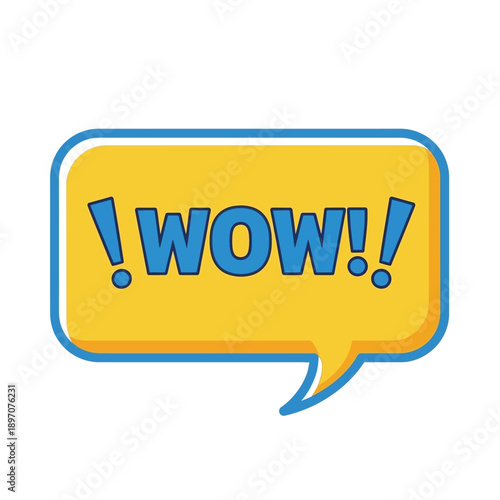 Yellow speech bubble with blue border containing "WOW!!" in bold letters, exclaiming surprise, excitement, and amazement.