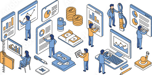 Isometric business analytics and finance workflow illustration featuring teamwork, dashboards, charts, financial reports, data analysis, and corporate performance management concepts