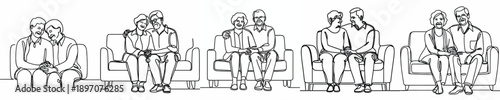 line art of an old couple sitting affectionately on the sofa on Valentine's Day