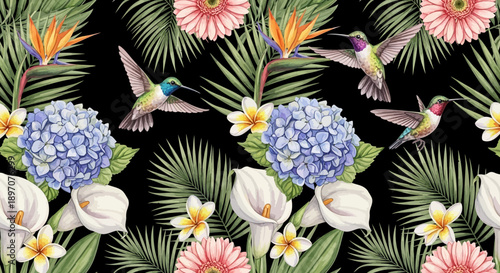 Floral pattern featuring birds and tropical flowers on black backdrop