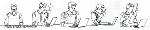line art of man working with laptop and cup of coffee