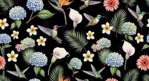 Floral arrangement with hummingbirds against black background for design elements