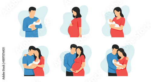 A series of illustrations depicts a couple's journey through pregnancy and early parenthood.