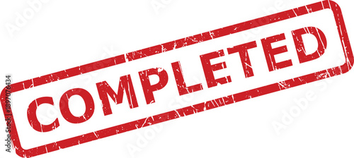 A bold red distressed rubber stamp prominently featuring the word COMPLETED set against a clean white backdrop
