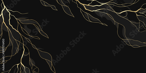 Elegant golden branches and leaves against a dark black background