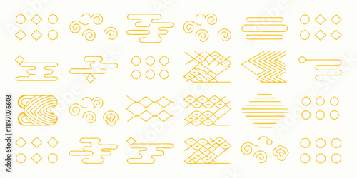 Abstract golden line patterns and shapes on a cream background