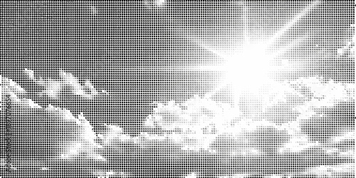 Abstract black and white grid with bright light flare and cloud shapes