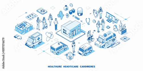 Isometric illustration depicting various healthcare elements and medical services