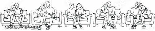 line art of couple sitting affectionately on the sofa on Valentine's Day