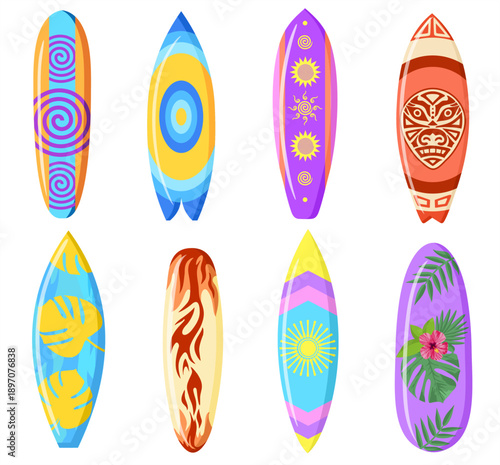 Surfboards set. Bodyboard. Surfboard print design for surfing ride or decor. Beautiful drawing on a surfboard