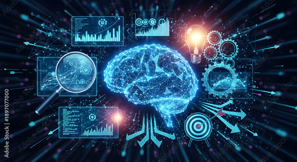 Obraz premium Digital glowing human brain surrounded by data analytics, innovation, and strategic icons, representing artificial intelligence and advanced thinking.