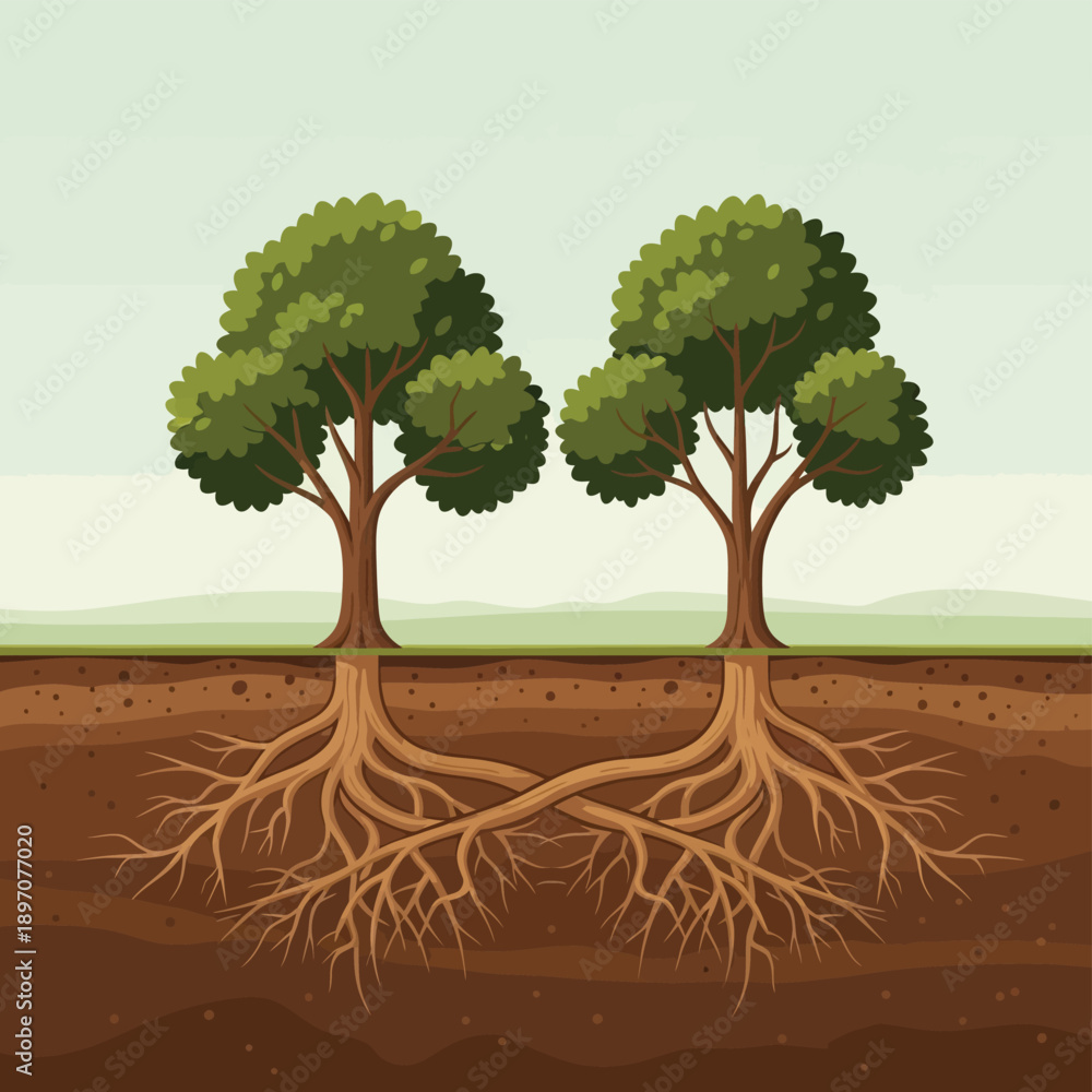 Fototapeta premium Two trees with intertwined roots are growing from the earth.