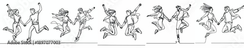 line art of a couple jumping happily while holding hands on Valentine's Day
