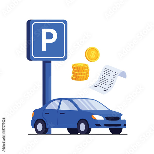 Parking meter icon with a blue car, gold coins, and receipt, representing paid parking and urban convenience.