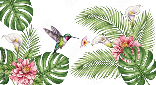 Hummingbird with flowers botanical illustration of tropical flora and fauna