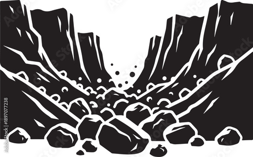 Black and White Illustration of Rocky Mountain Landscape Scene